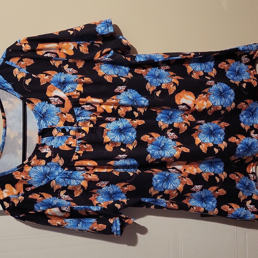 Source Unknown Floral Blouse - Blue and Orange